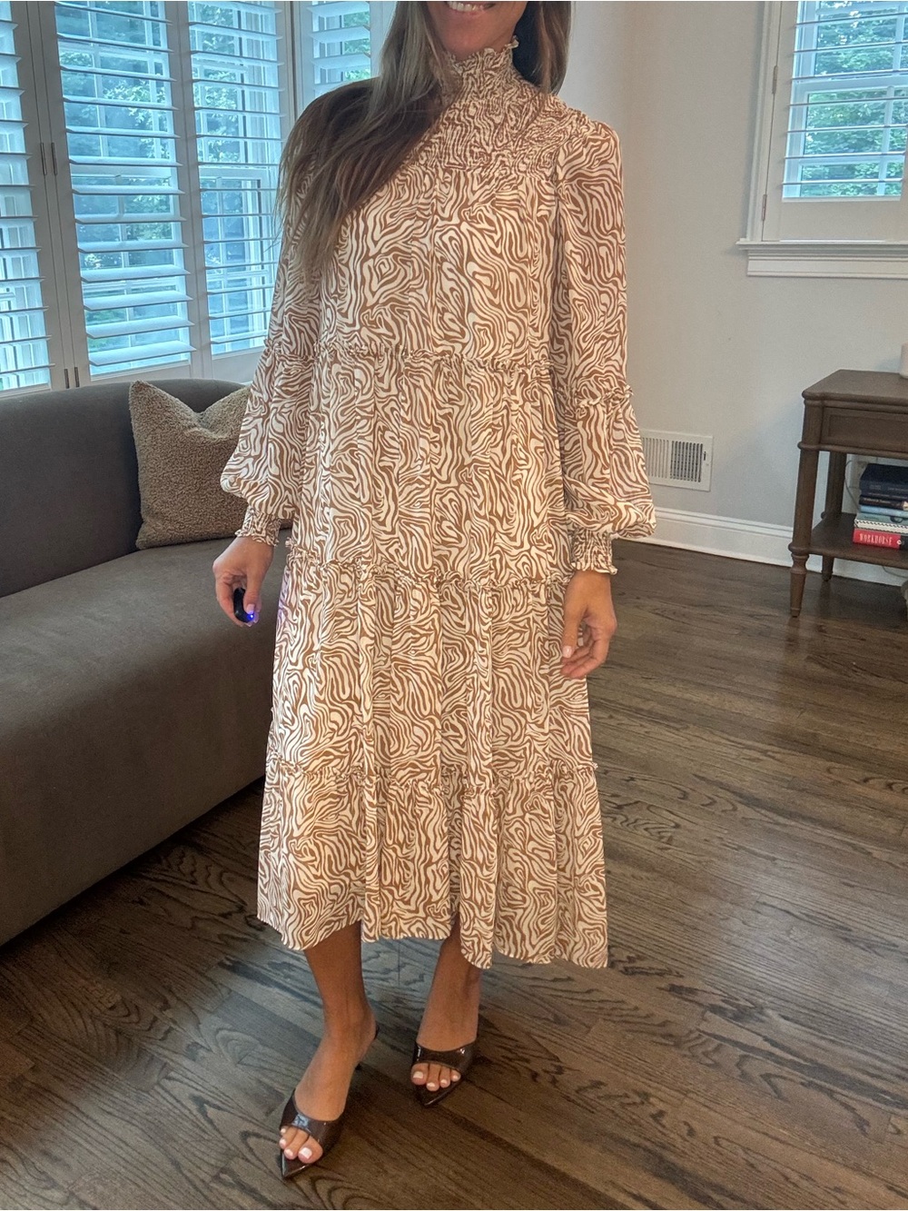 cinq a sept Beige & White Printed Smocked-Neck Maxi Dress